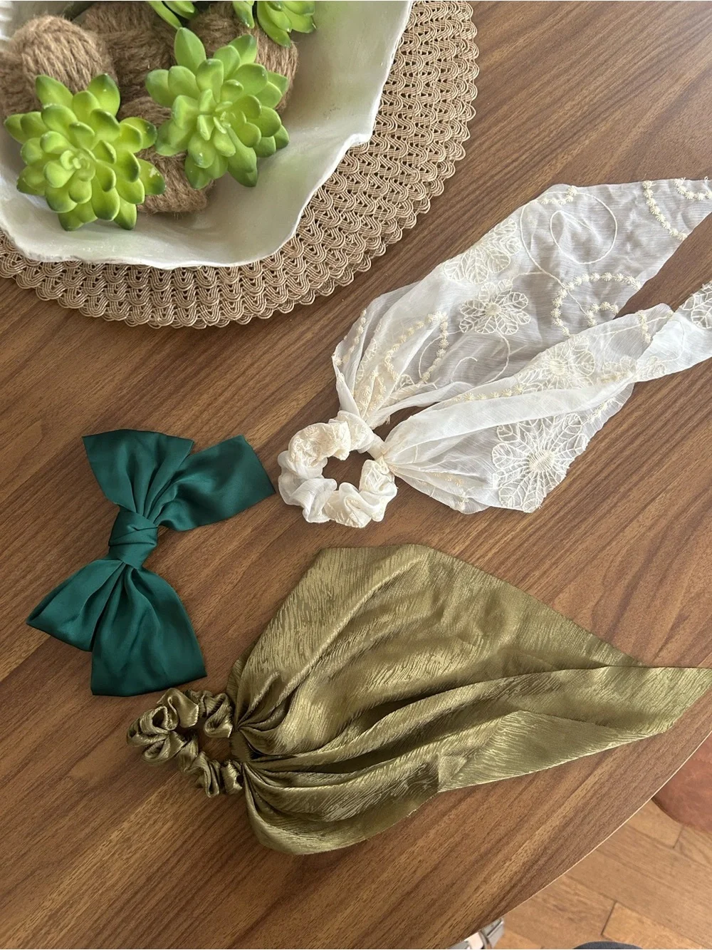 Silk-Look Bow & Scarf Scrunchie Set - Green, Ivory, Olive